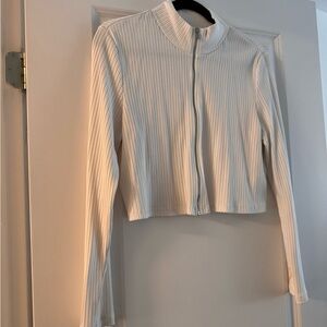 H&M Cream Ribbed Crop Zip-Up Long-Sleeve